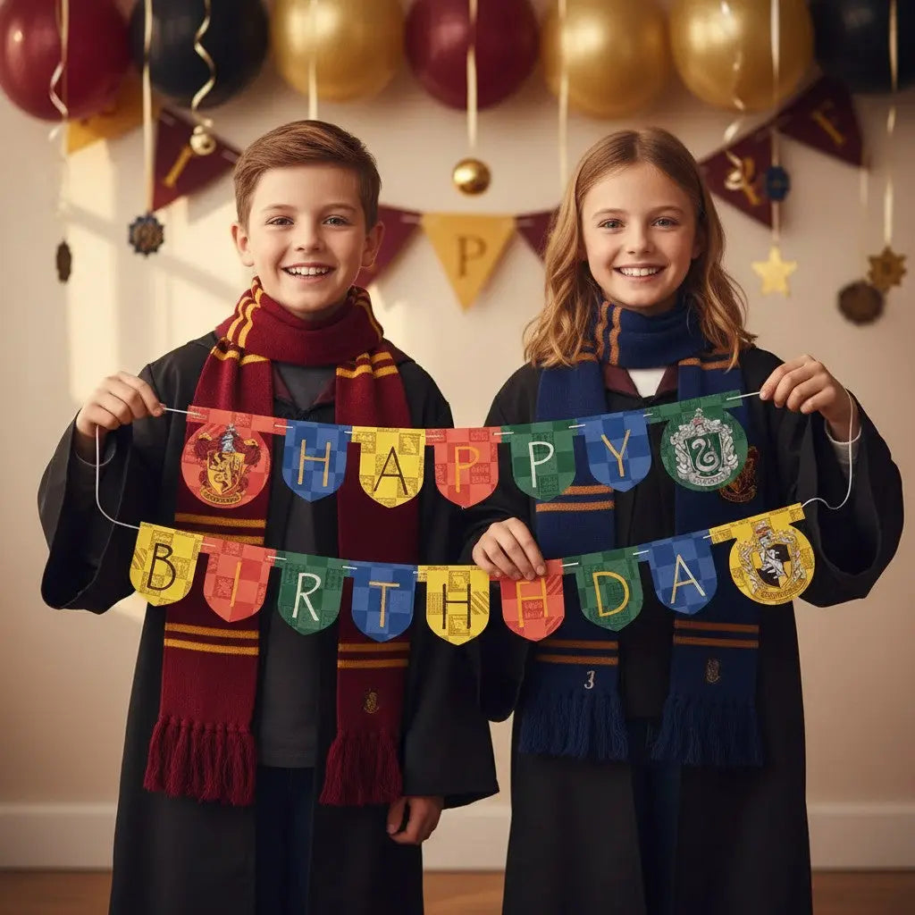 Guirlande d'anniversaire Harry Potter en carton, 2m, fanions aux 4 couleurs des maisons et blasons