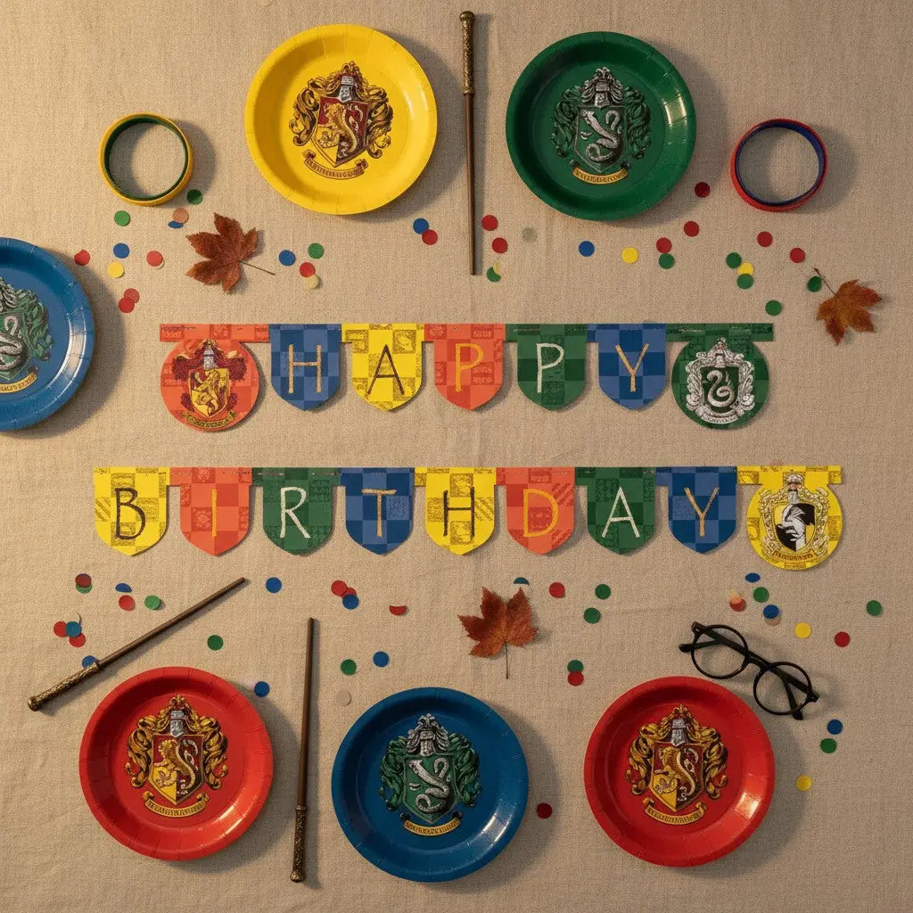 La boutique Aux 2 Balais Guirlande Happy Birthday Harry Potter fanions 4 maisons 2m en carton rouge jaune bleu vert