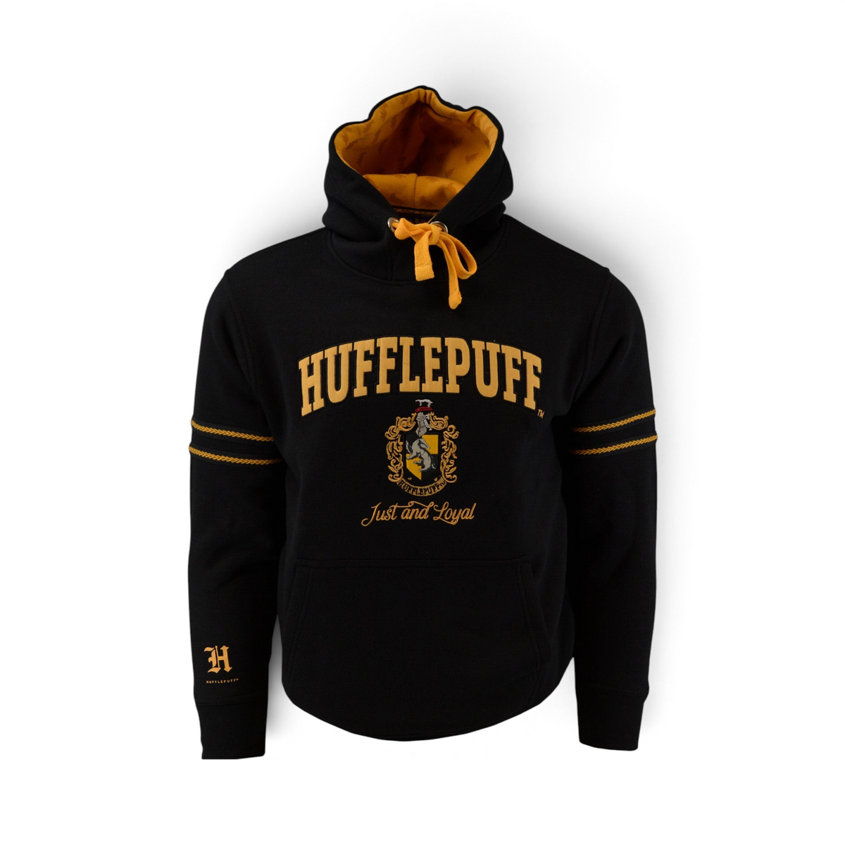 Sweat-shirt à capuche noir et jaune Poufsouffle La boutique Aux 2 Balais avec blason brodé et poche kangourou