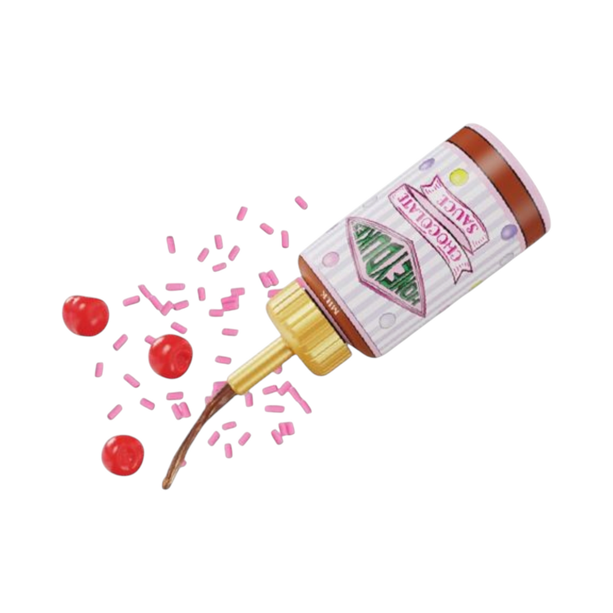 Bouteille de sauce chocolat Honeydukes La boutique Aux 2 Balais avec des cerises et des vermicelles roses miniatures