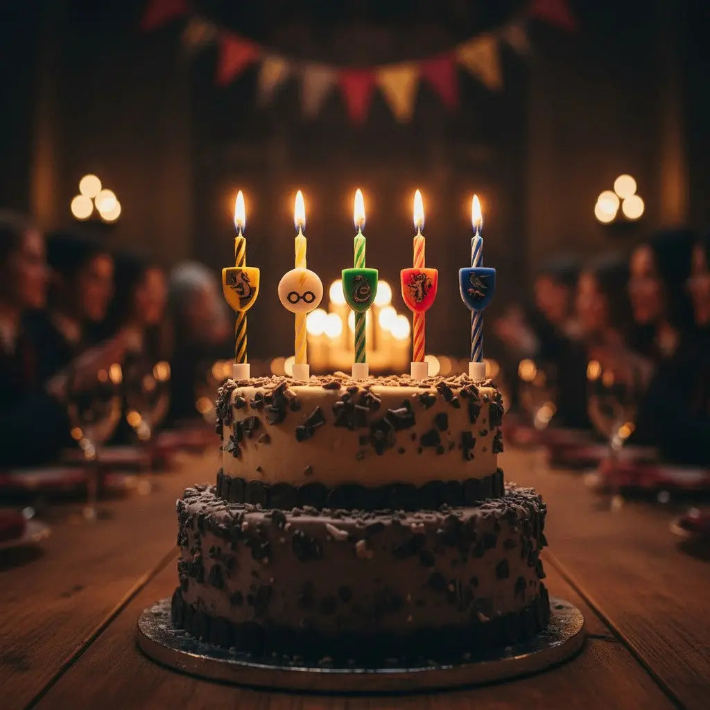 Lot de 10 bougies d'anniversaire La boutique Aux 2 Balais Harry Potter, 5 modèles en cire de 7 cm, décorées des blasons des maisons Poudlard et des lunettes de Harry.