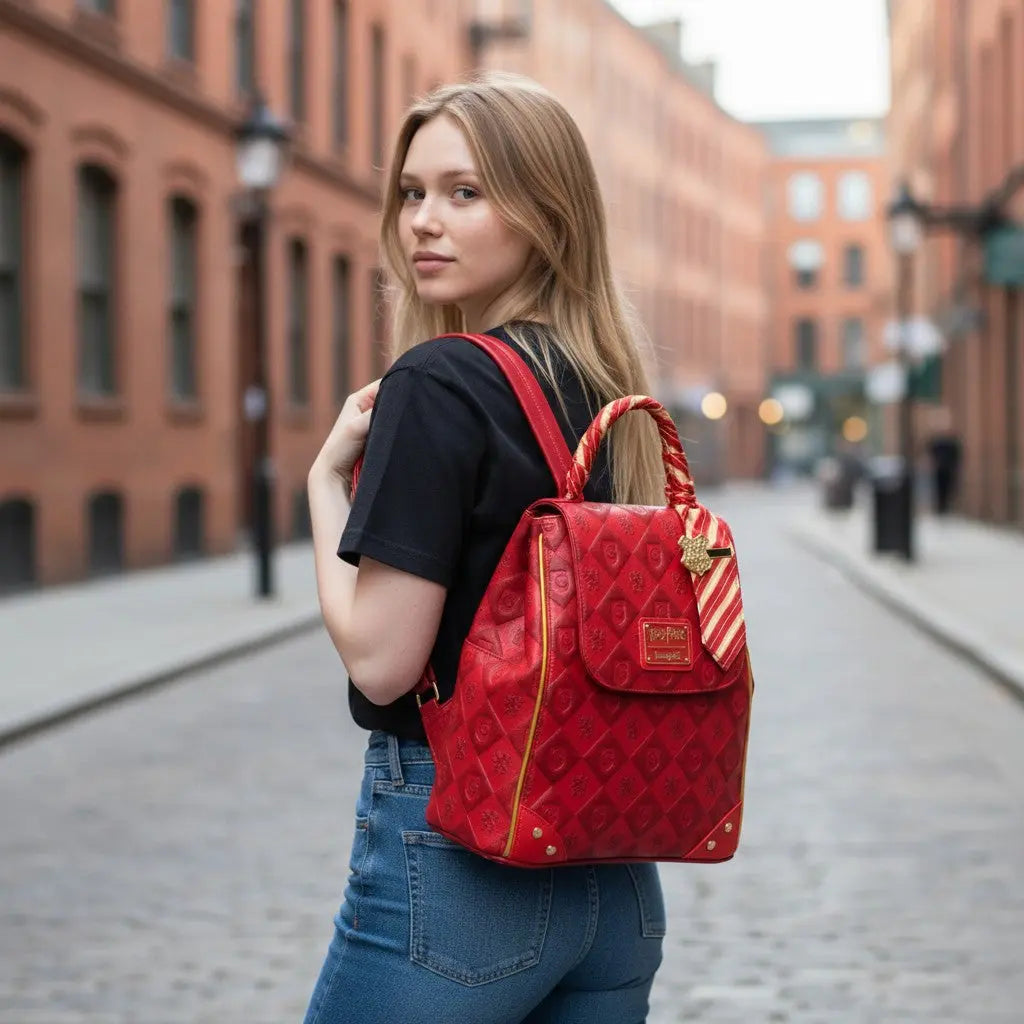 Mini sac à dos Loungefly rouge Gryffondor Harry Potter en polyuréthane avec motif intégral, poignée satinée et breloque cravate.