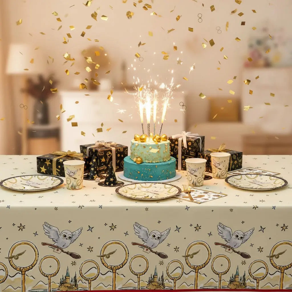 La boutique Aux 2 Balais Nappe en papier Harry Potter Quidditch Hedwige 137x213 cm, fond crème avec étoiles et motifs Quidditch.