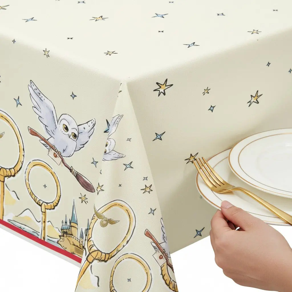 La boutique Aux 2 Balais Nappe papier Harry Potter Quidditch Hedwige 137x213cm, crème avec motifs étoiles et hiboux sur balais.
