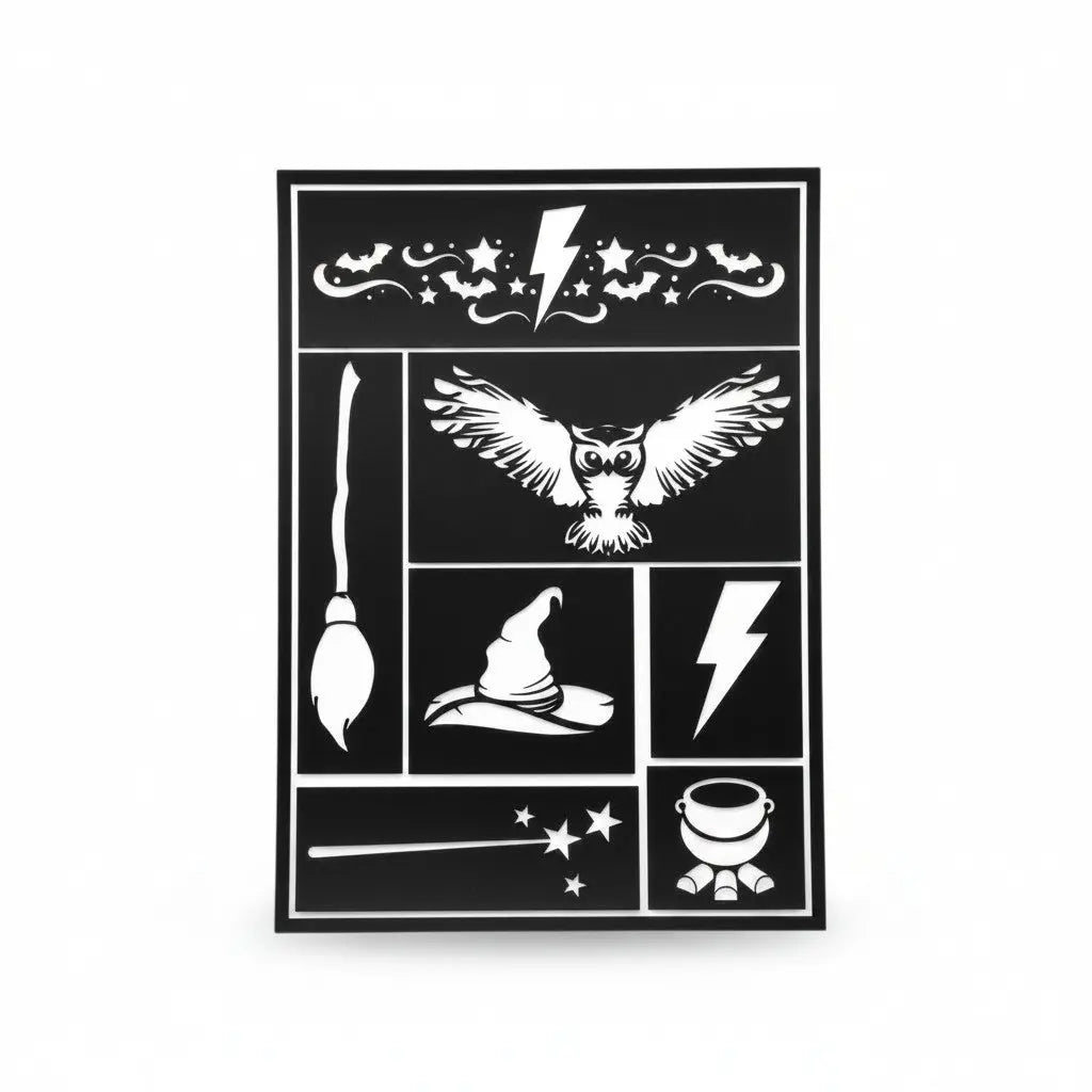 La boutique Aux 2 Balais pochoir maquillage apprenti sorcier avec motifs chouette, balai, chapeau, chaudron, éclair et étoiles pour Carnaval ou Halloween.