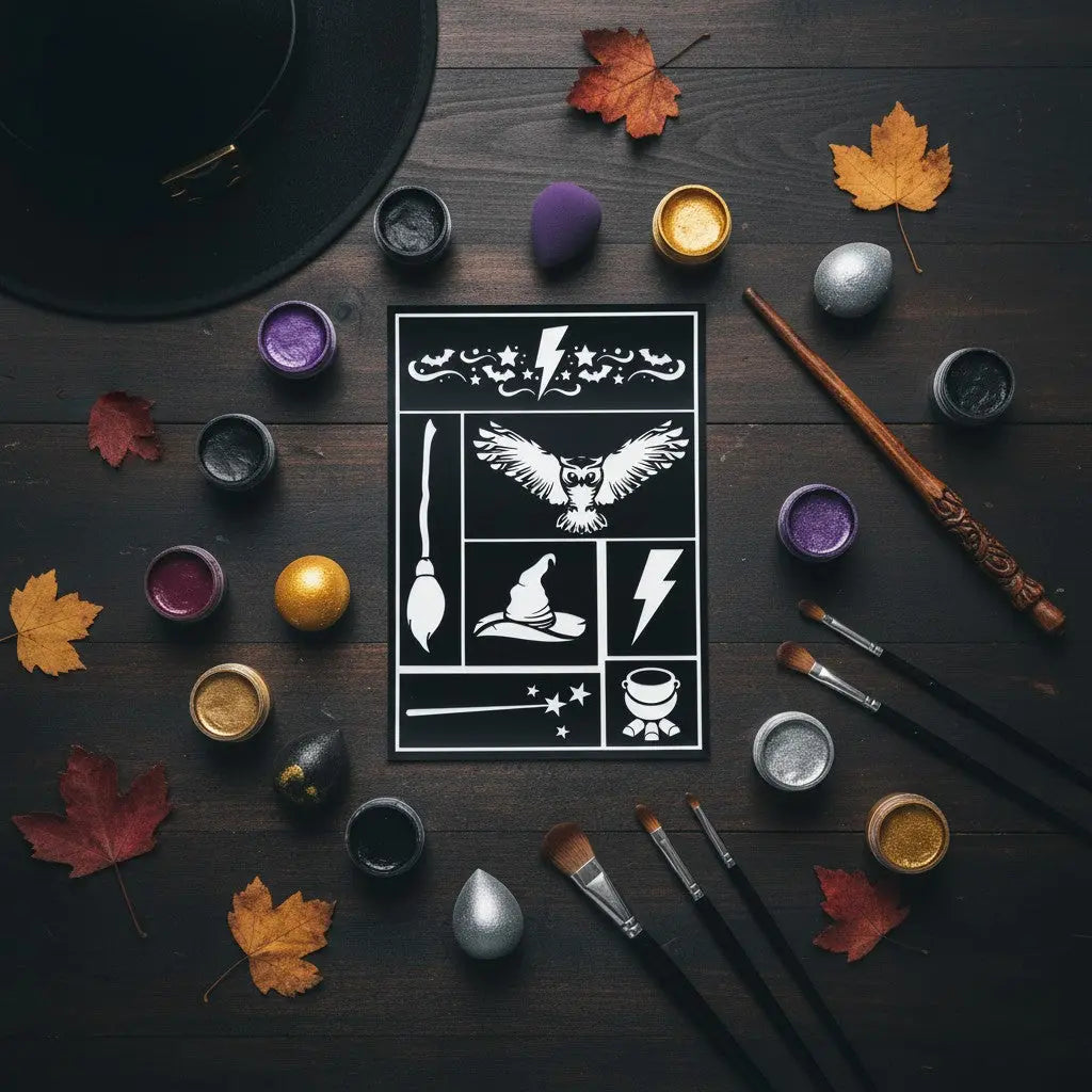 La boutique Aux 2 Balais pochoir maquillage apprenti sorcier avec hibou, chapeau, balai, baguette et chaudron pour Carnaval et Halloween.