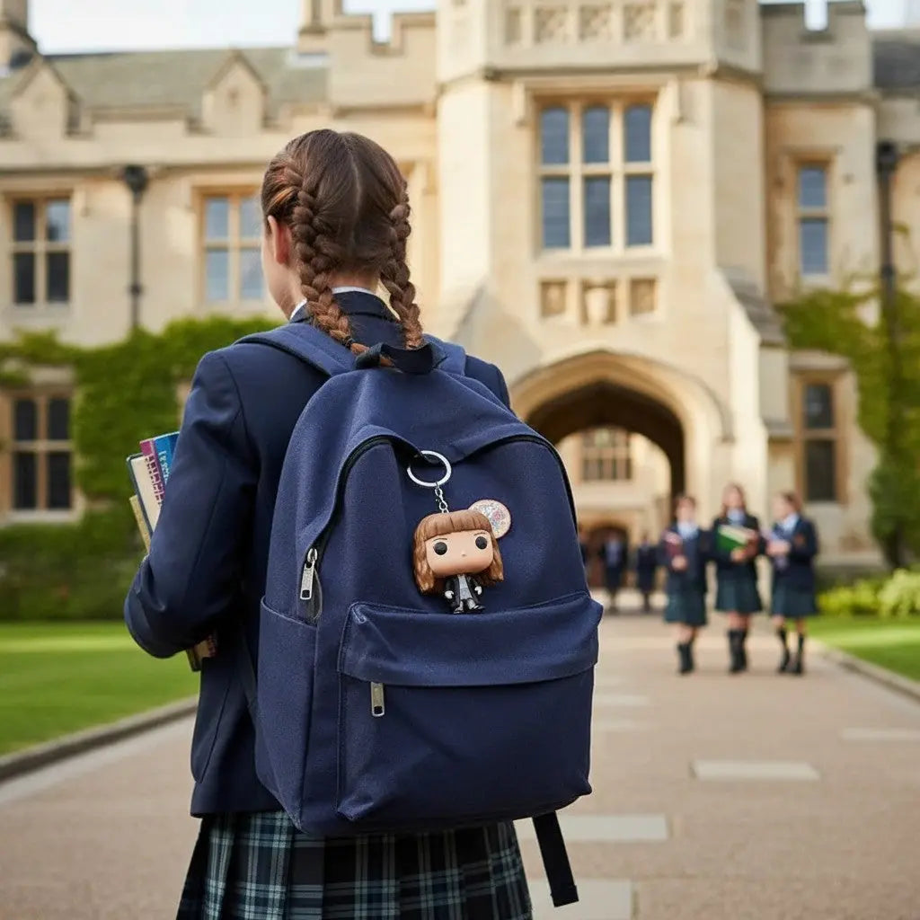 Porte-clés figurine Pop Hermione Granger La boutique Aux 2 Balais accroché sur un sac à dos bleu devant Poudlard