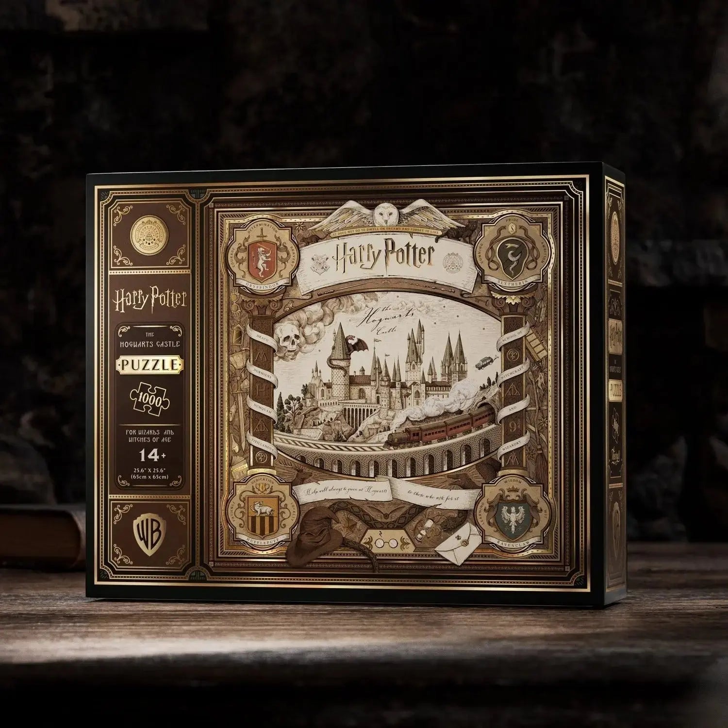 Boîte de puzzle interactif Harry Potter 1000 pièces La boutique Aux 2 Balais avec illustration dorée de Poudlard