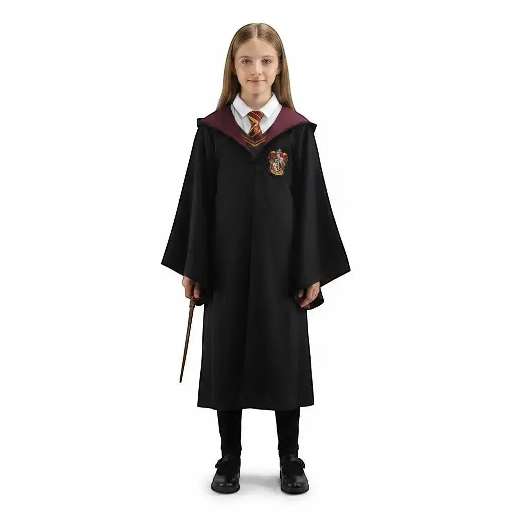 La boutique Aux 2 Balais Robe de sorcier Gryffondor enfant noire avec écusson brodé, col bordeaux, taille enfant.