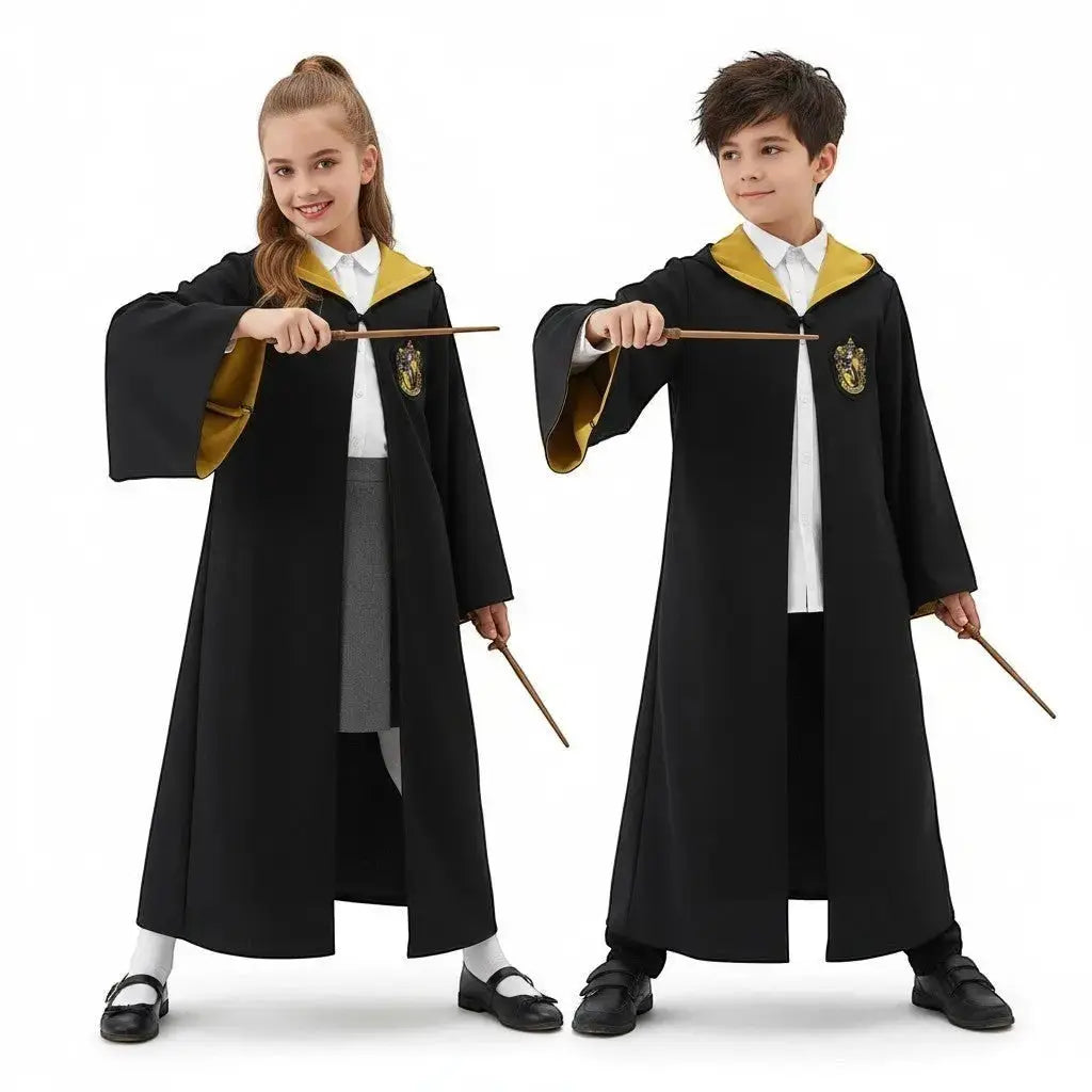 La boutique Aux 2 Balais Robe de sorcier Poufsouffle noire et dorée pour enfant avec écusson brodé. Polyester.