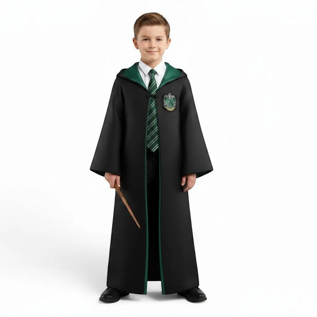 Robe de sorcier enfant Deluxe Serpentard noire et verte en polyester, écusson brodé, poche intérieure. La boutique Aux 2 Balais.