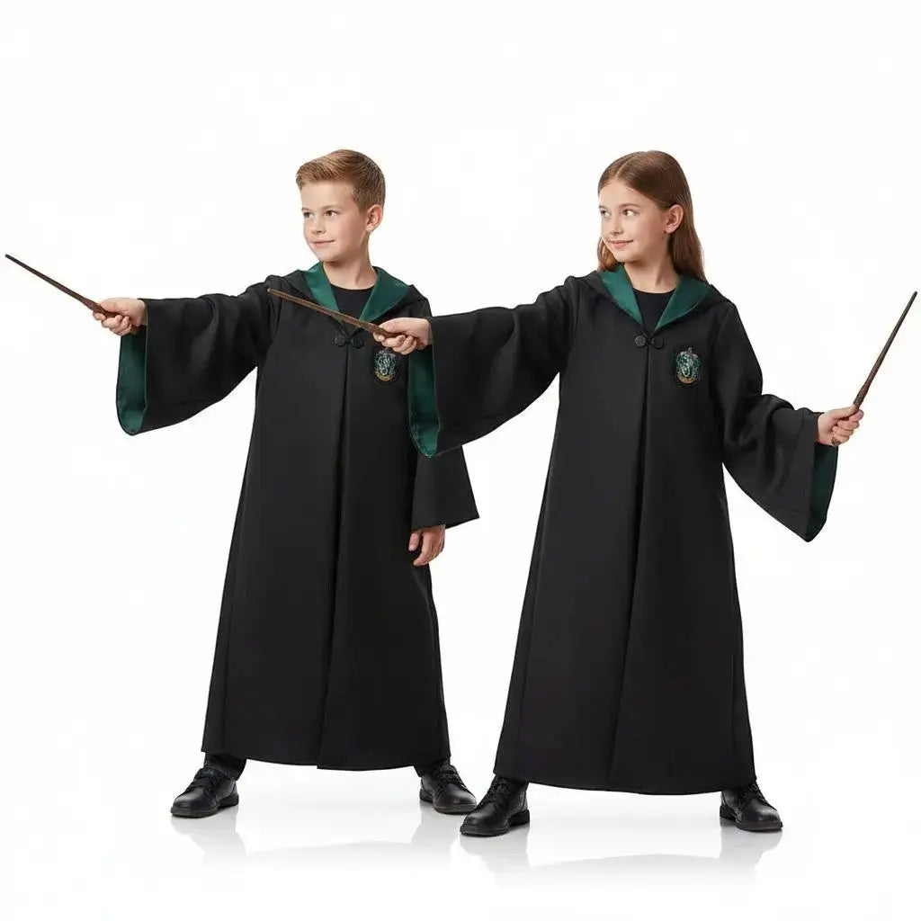 La boutique Aux 2 Balais Robe de sorcier enfant Serpentard noire avec doublure verte, écusson brodé et poche intérieure.