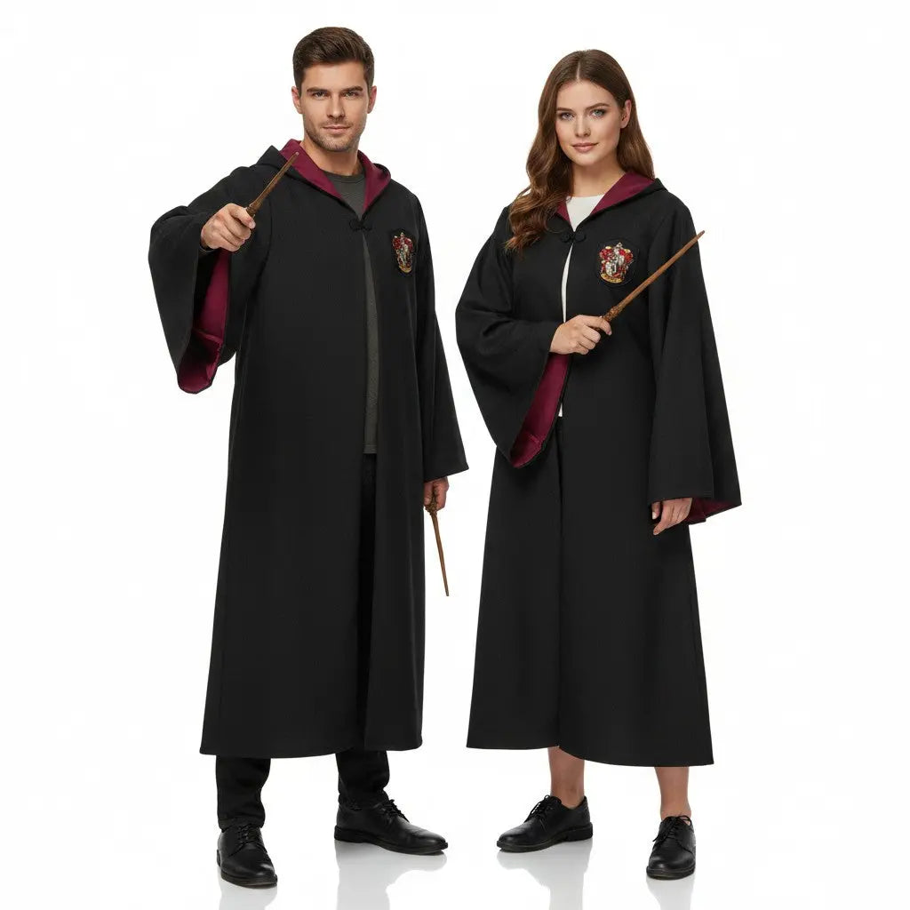 Robe de sorcier Gryffondor noire pour adulte, doublure bordeaux, écusson Gryffondor sur la poitrine, La boutique Aux 2 Balais