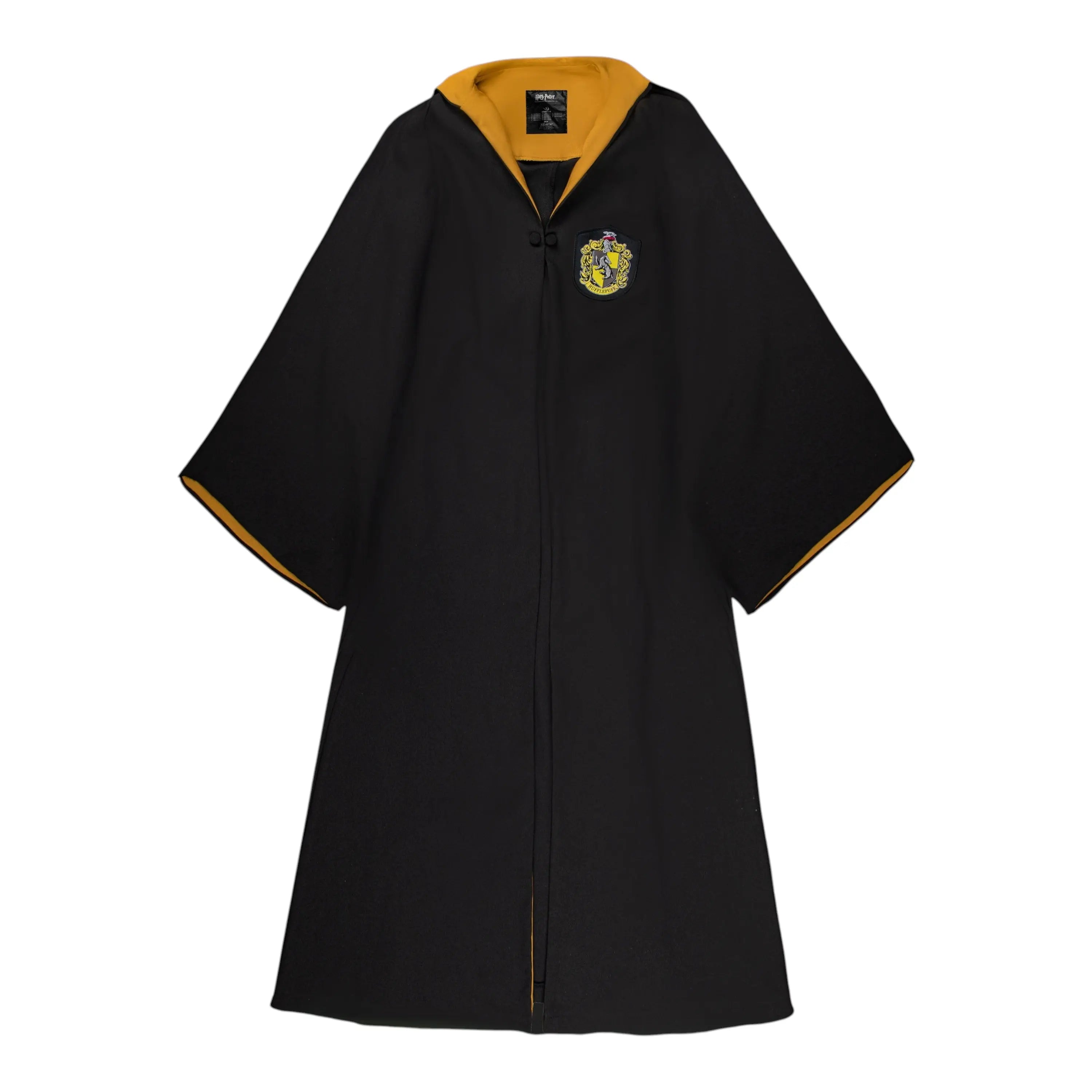 La boutique Aux 2 Balais Robe de sorcier Poufsouffle noire et jaune pour adulte en polyester avec écusson brodé.