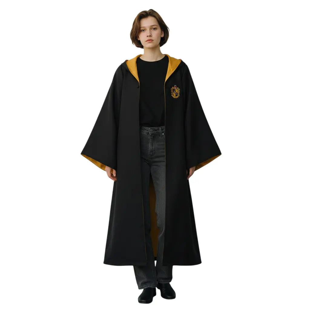 Robe de sorcier Poufsouffle noire et jaune pour adulte, 100% polyester, avec écusson brodé et doublure contrastante. La boutique Aux 2 Balais.