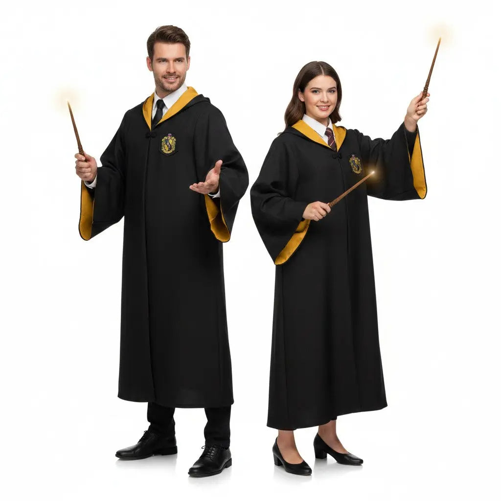 Robe de sorcier Poufsouffle noire et jaune pour adulte, 100% polyester, avec écusson brodé et doublure contrastante. La boutique Aux 2 Balais.