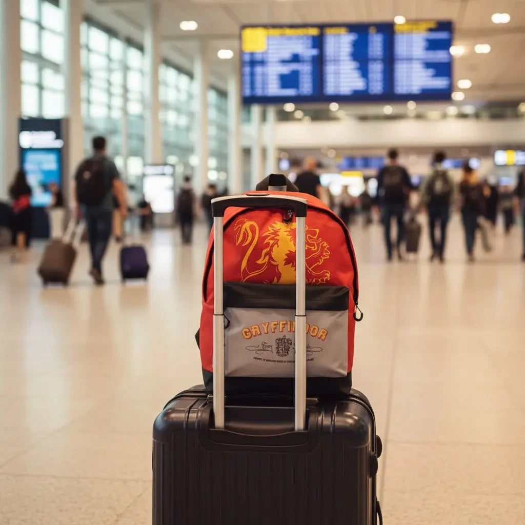 Sac à dos rouge Gryffondor La boutique Aux 2 Balais avec logo lion et poche frontale, posé sur une valise en aéroport