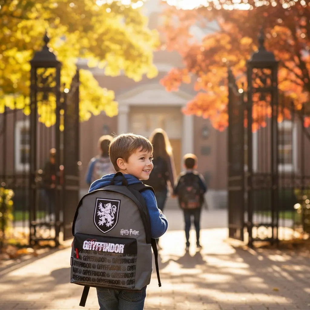 Sac à dos enfant La boutique Aux 2 Balais Harry Potter Gryffondor gris et noir porté par un jeune garçon devant l'école