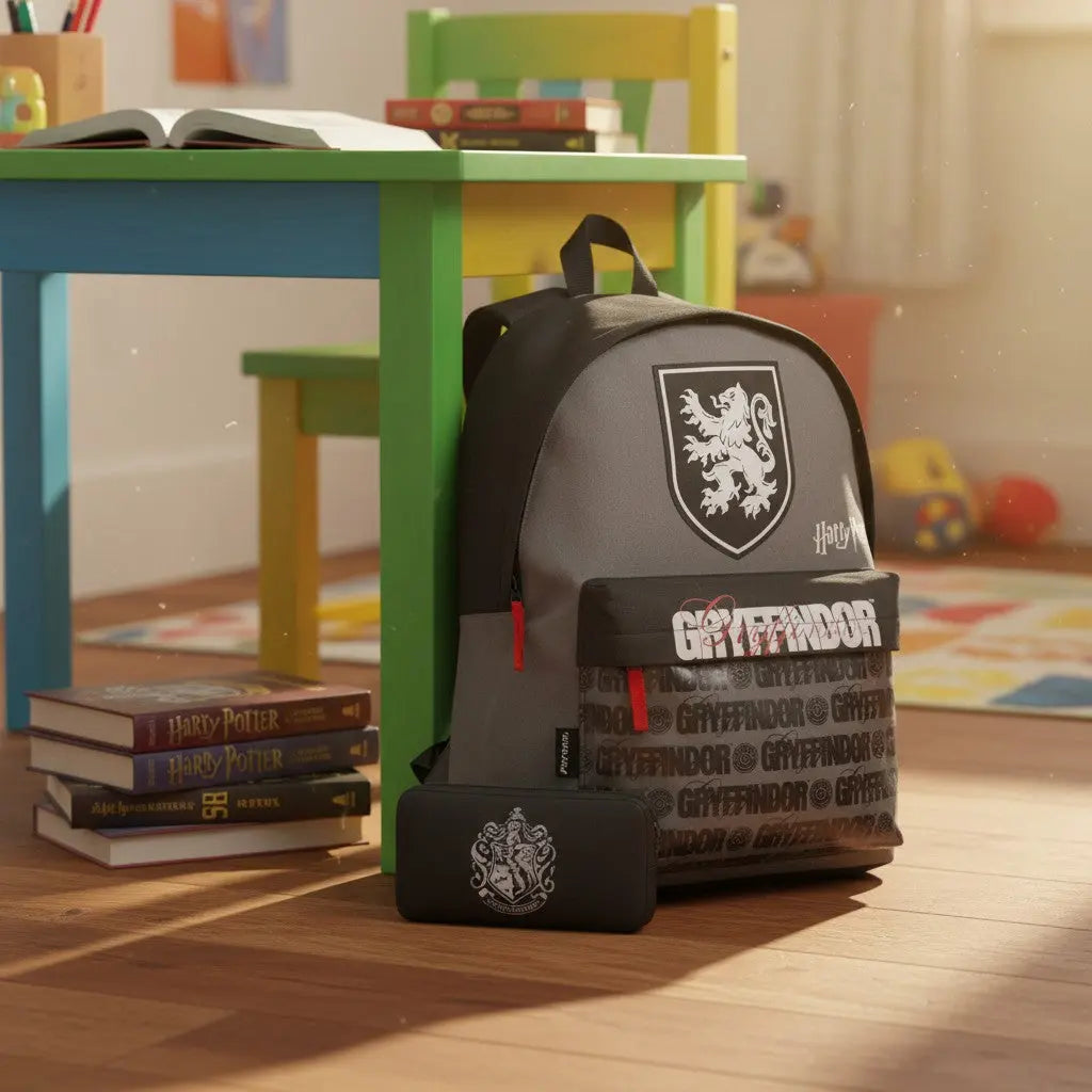 Sac à dos enfant La boutique Aux 2 Balais Harry Potter Gryffondor gris et noir avec blason et trousse assortie