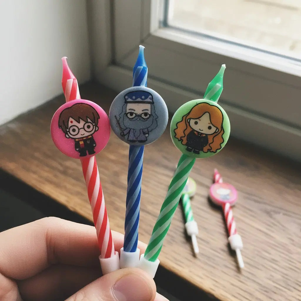 La boutique Aux 2 Balais Lot de 11 bougies d'anniversaire Kawaii Harry Potter, 10 petites bougies personnages et 1 bougie Happy Birthday, en cire.