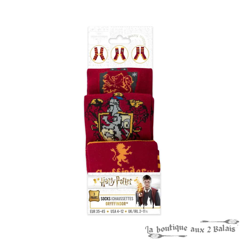 Set 3 Paires de Chaussettes Gryffondor Harry Potter Taille 35-45