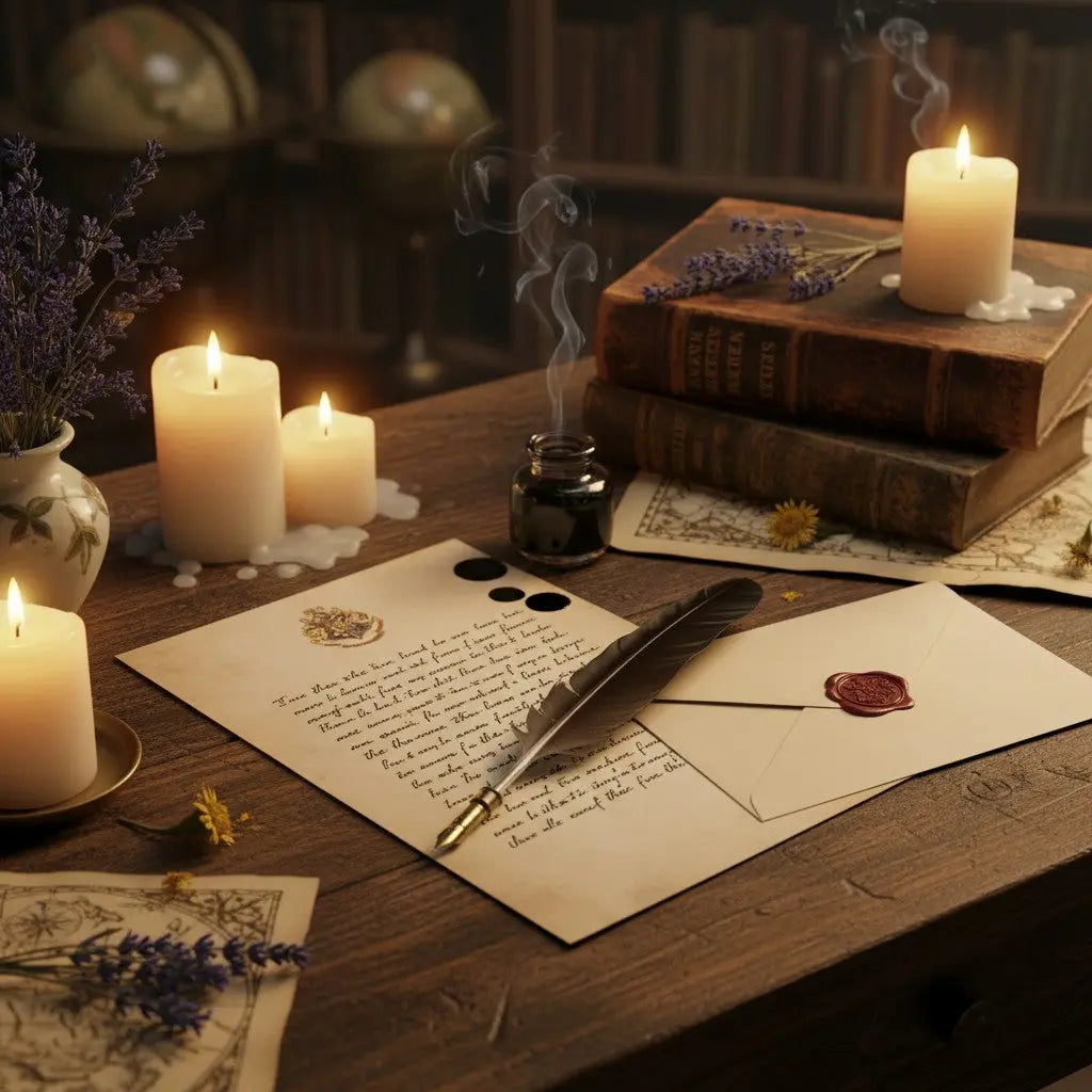 La boutique Aux 2 Balais Set d'écriture Harry Potter, 20 feuilles A5 parchemin, 10 enveloppes et 10 cachets de cire rouge.