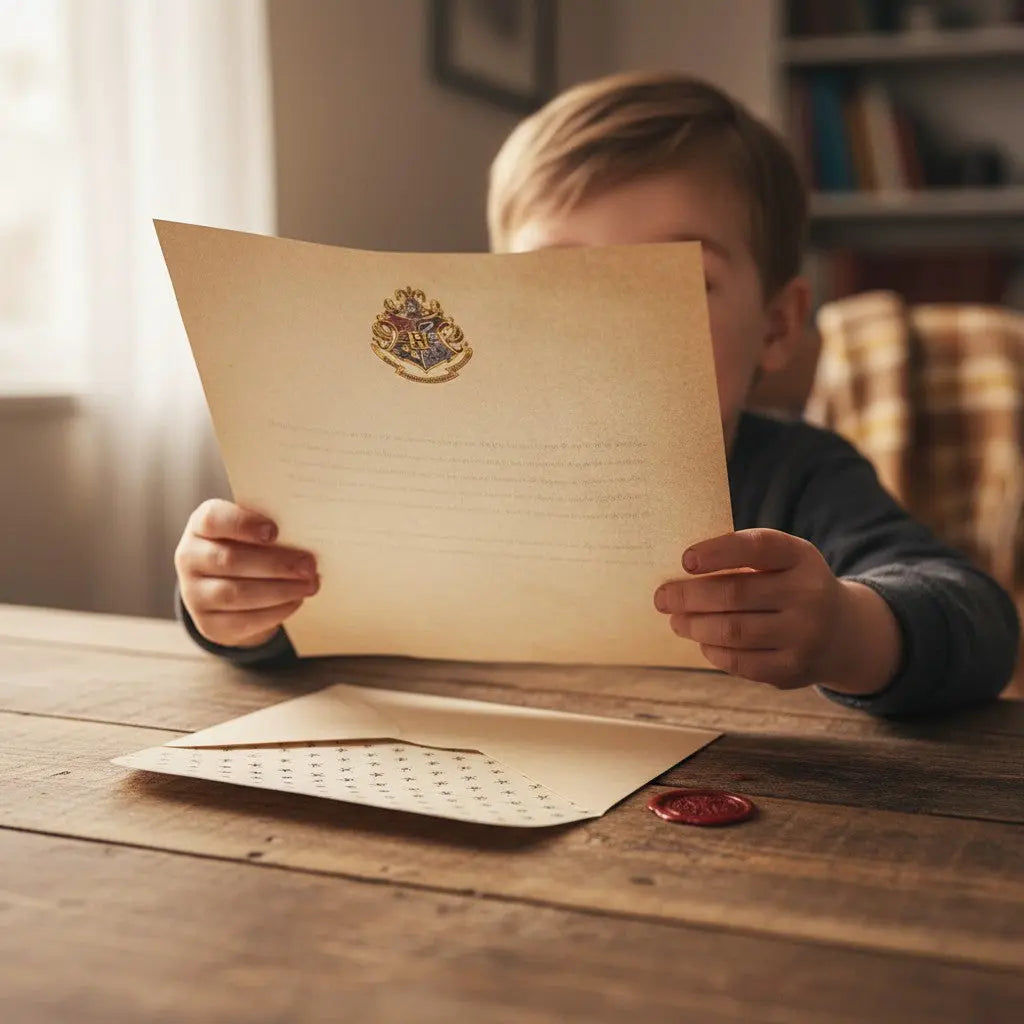 La boutique Aux 2 Balais Set d'écriture Harry Potter avec 20 feuilles A5, 10 enveloppes et 10 cachets de cire rouges.