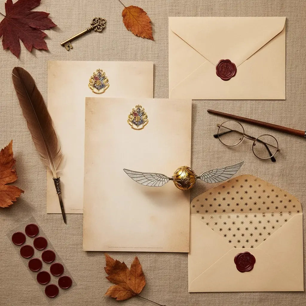 La boutique Aux 2 Balais Set d'écriture Harry Potter, 20 feuilles A5 parchemin, 10 enveloppes et 10 cachets de cire rouge.