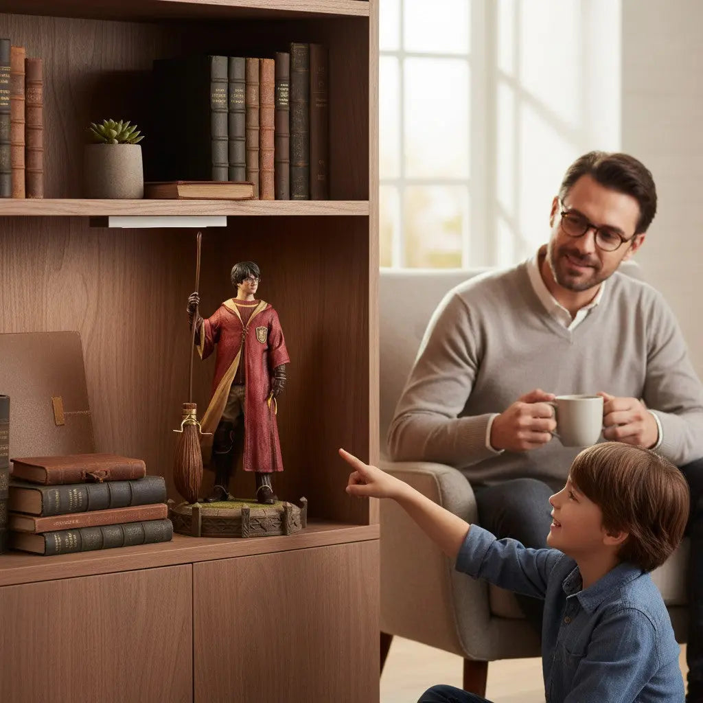 Statuette Harry Potter Quidditch en résine, 31 cm, tenue Gryffondor rouge, Nimbus 2000 et Vif d'Or. La boutique Aux 2 Balais.