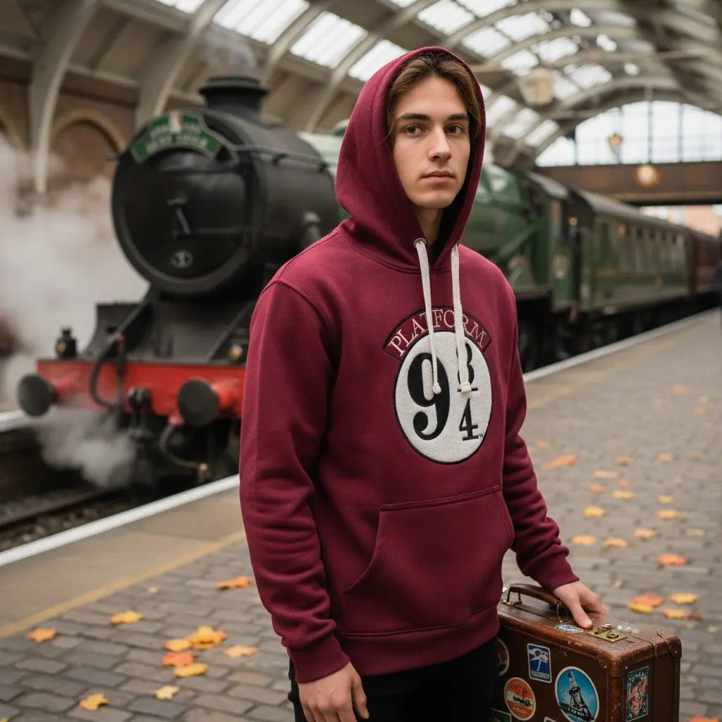 La boutique Aux 2 Balais Sweatshirt bordeaux Poudlard Express Voie 9¾ Harry Potter avec patch brodé, capuche et poche kangourou.