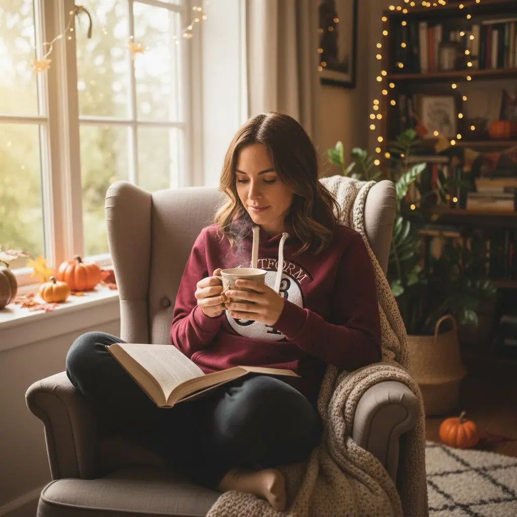 La boutique Aux 2 Balais Sweat-shirt bordeaux à capuche Poudlard Express Voie 9¾ Harry Potter avec patch brodé et cordon crème.
