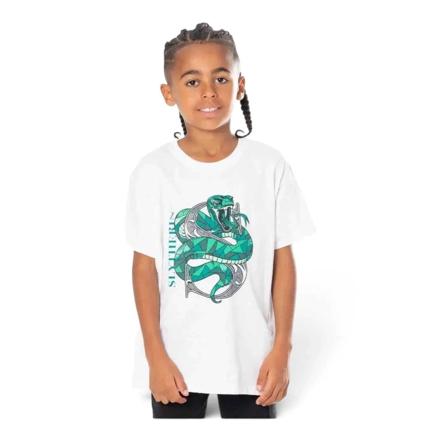 Enfant portant un t-shirt blanc 100% coton La boutique Aux 2 Balais avec motif serpent mosaïque vert Serpentard