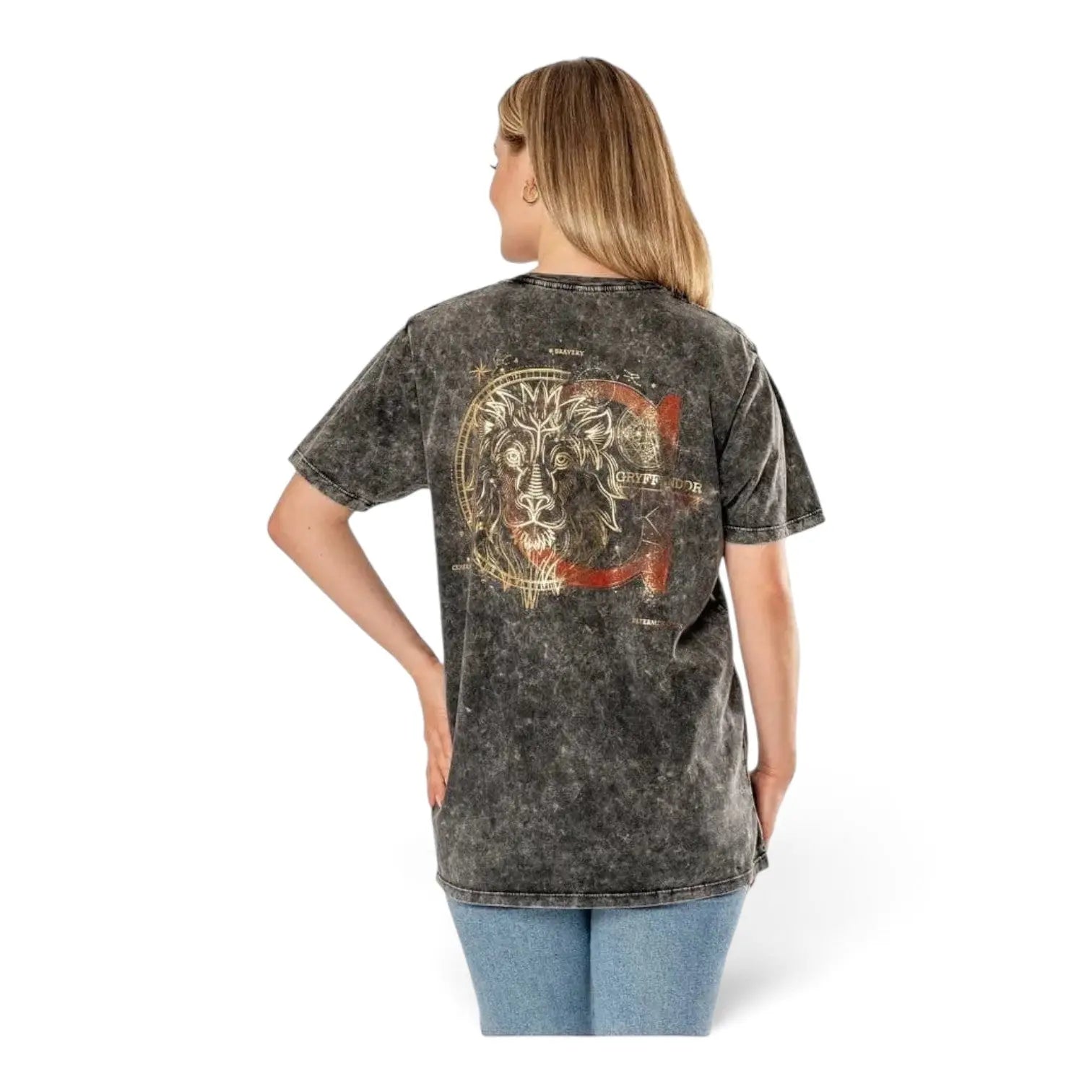 T-shirt La boutique Aux 2 Balais gris délavé en coton avec emblème Gryffondor doré et rouge au dos pour adulte