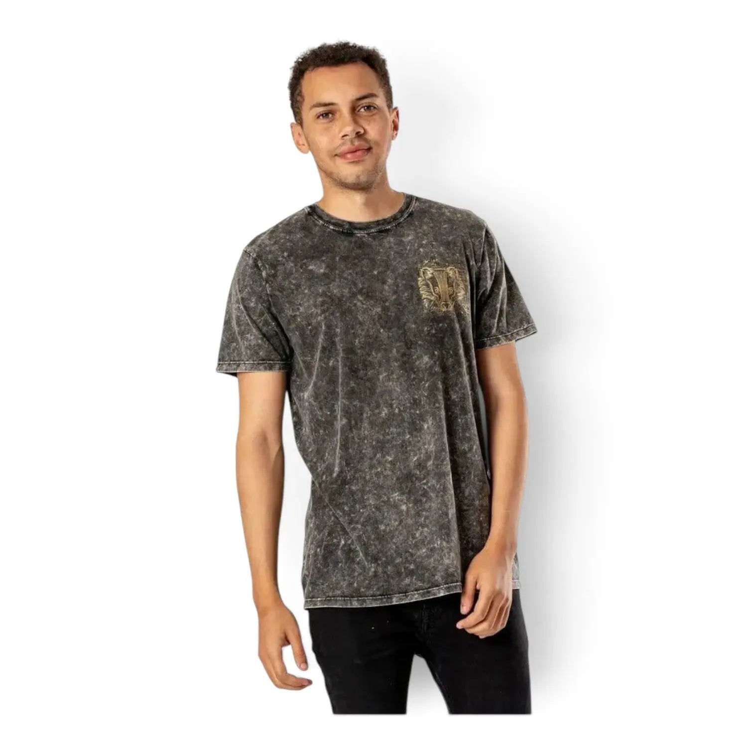 Homme portant un t-shirt La boutique Aux 2 Balais gris effet délavé avec emblème Poufsouffle doré en coton