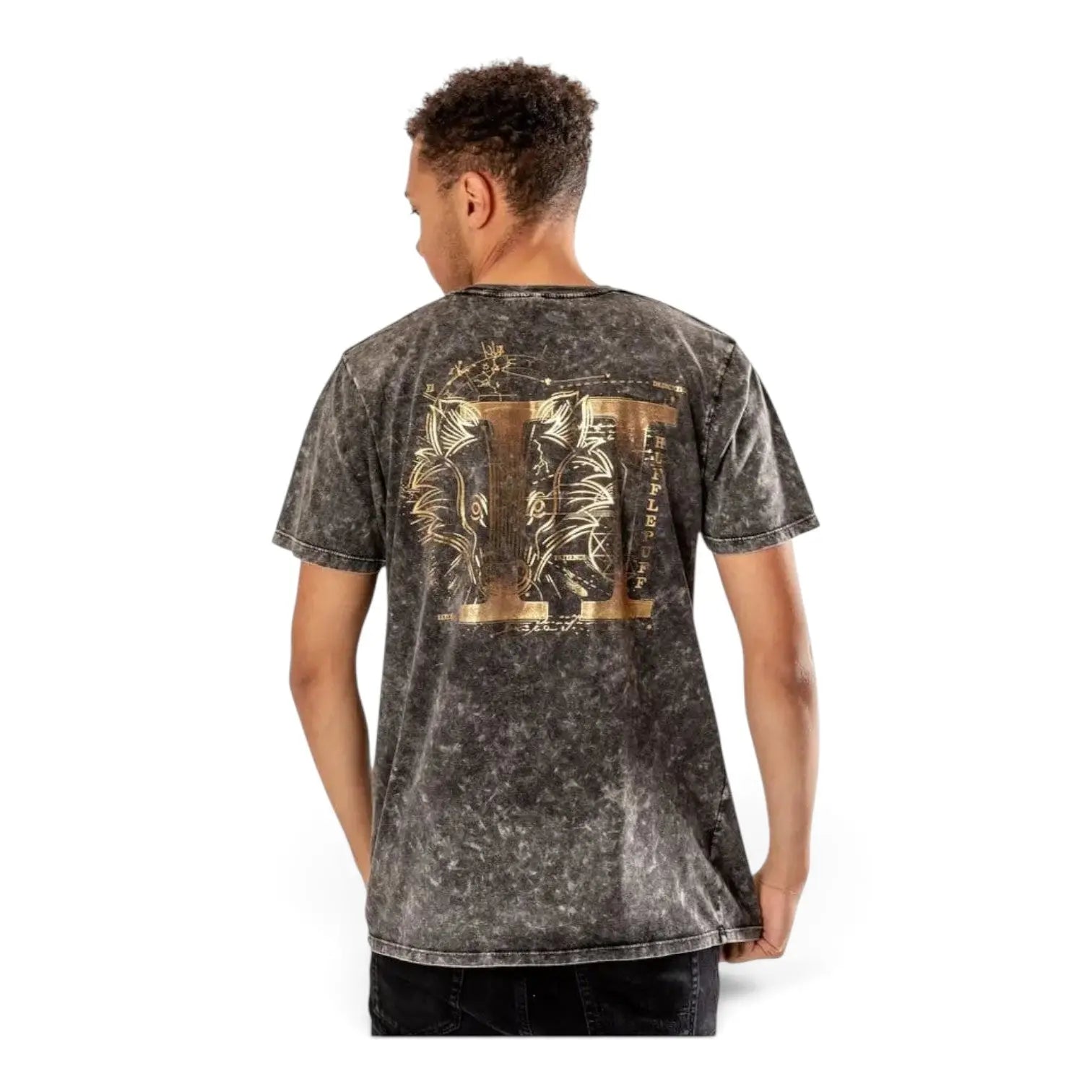 T-shirt La boutique Aux 2 Balais gris effet délavé avec emblème doré Poufsouffle au dos, 100% coton