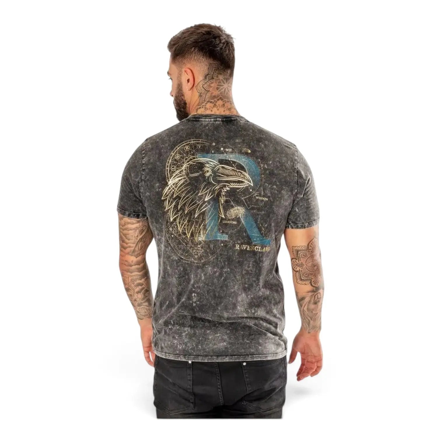 Homme portant un t-shirt gris délavé La boutique Aux 2 Balais avec emblème Serdaigle doré et bleu au dos