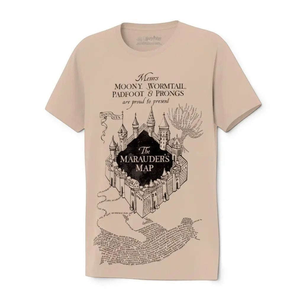 T-shirt beige en coton La boutique Aux 2 Balais avec l'impression de la Carte du Maraudeur de Harry Potter et le château de Poudlard.