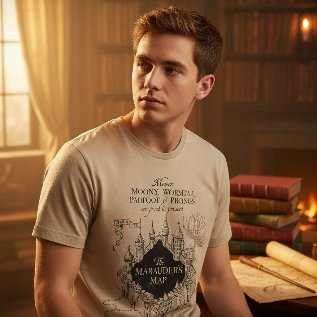 La boutique Aux 2 Balais T-shirt beige en coton avec l'impression de la Carte du Maraudeur et du château de Poudlard.