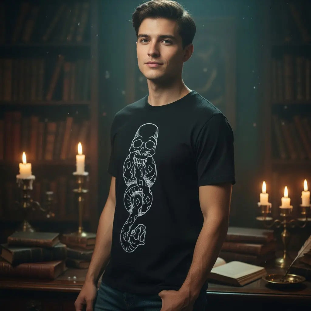 T-shirt noir La boutique Aux 2 Balais avec le symbole Dark Mark (crâne et serpent) imprimé en blanc. Polyester, col rond.
