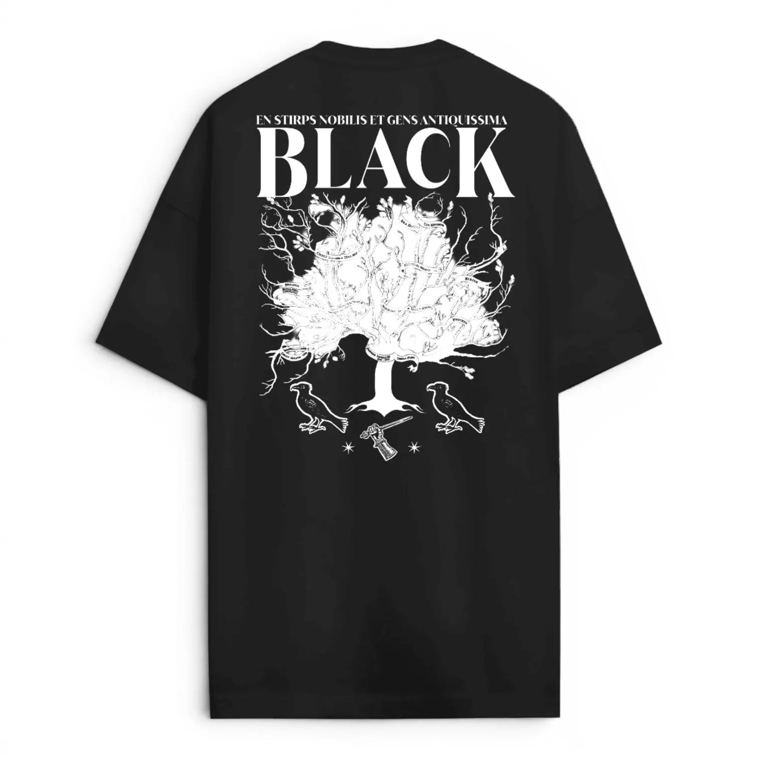 La boutique Aux 2 Balais T-shirt noir en coton avec l'arbre généalogique de la famille Black et inscription latine au dos.