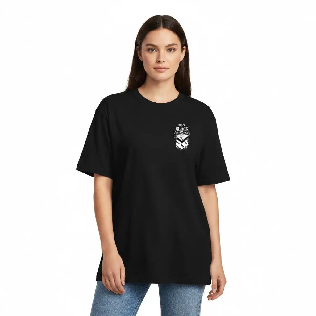 T-shirt noir en coton La boutique Aux 2 Balais avec blason House of Black sur le recto et arbre généalogique au dos. Licence Warner Bros.