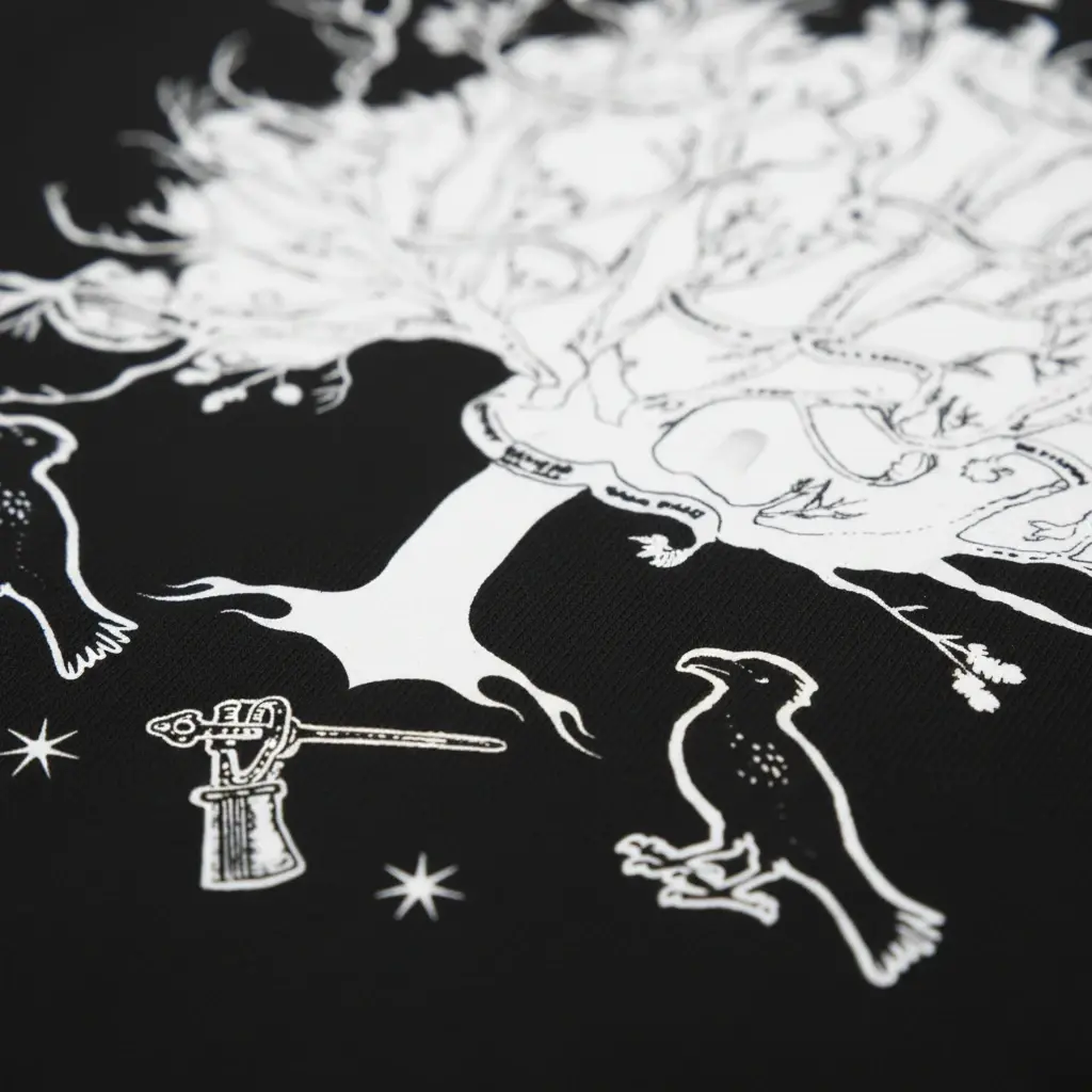 T-shirt noir La boutique Aux 2 Balais en coton avec le blason House of Black et l'arbre généalogique imprimés en blanc.