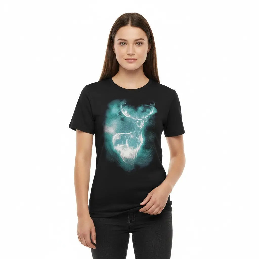 La boutique Aux 2 Balais T-shirt noir homme polyester imprimé cerf Patronus bleu blanc Expecto Patronum col rond