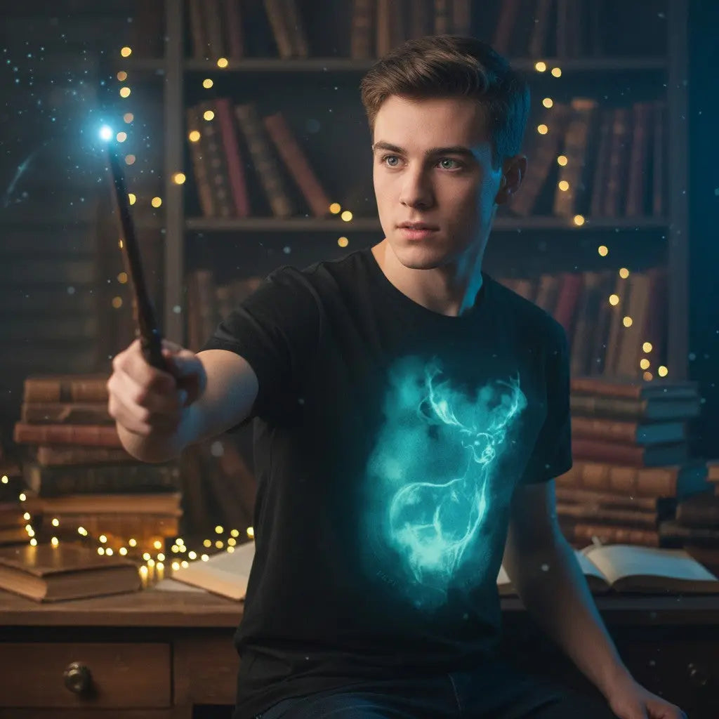 La boutique Aux 2 Balais T-shirt noir homme polyester imprimé Patronus cerf bleu blanc Expecto Patronum