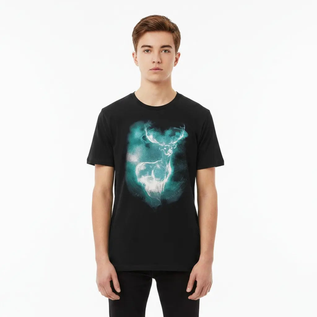 La boutique Aux 2 Balais T-shirt noir homme polyester imprimé Patronus cerf bleu blanc Expecto Patronum