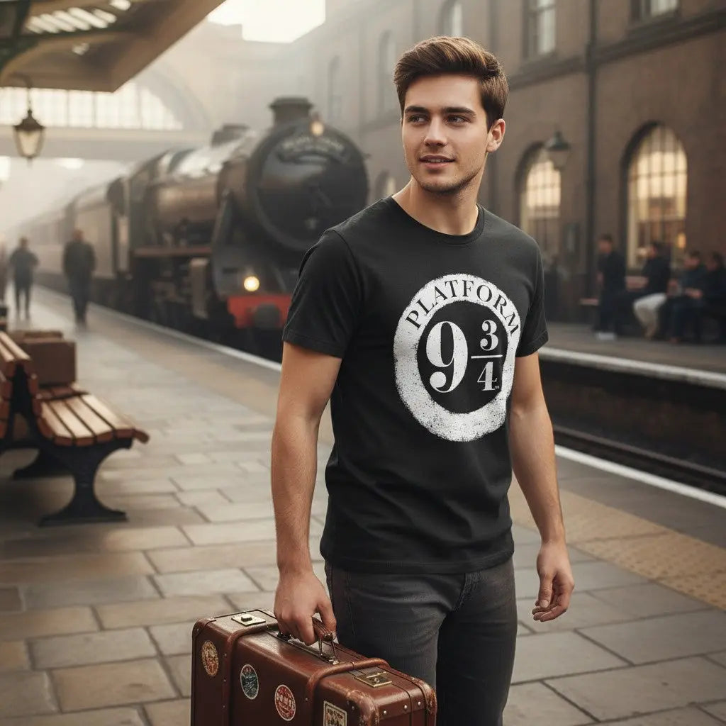La boutique Aux 2 Balais T-shirt noir en polyester avec le logo Platform 9 3/4 effet vieilli blanc. Col rond, coupe standard.