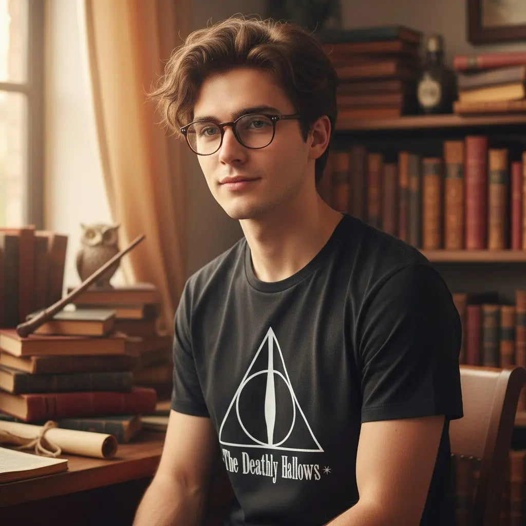La boutique Aux 2 Balais T-shirt noir en coton avec le symbole des Reliques de la Mort et le texte "The Deathly Hallows" imprimés en blanc.