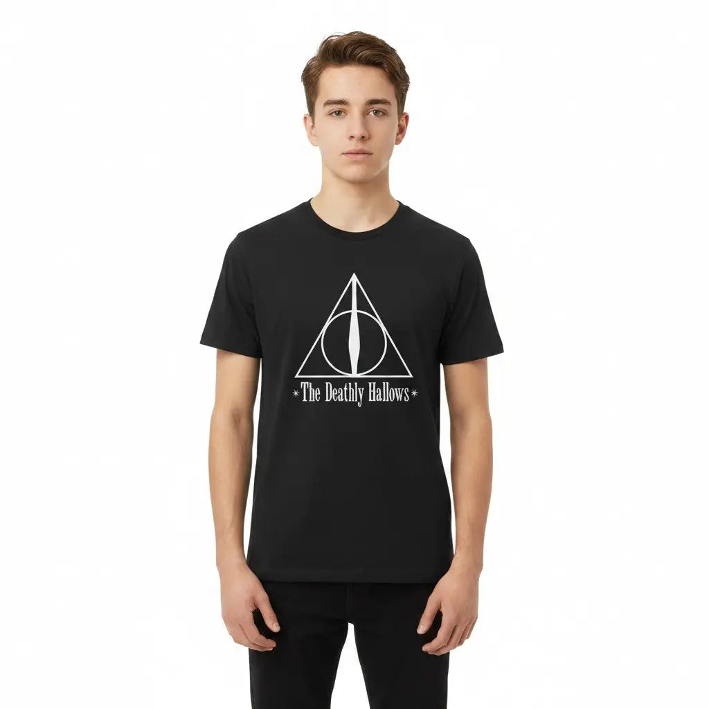 T-shirt noir La boutique Aux 2 Balais en coton avec le symbole des Reliques de la Mort et le texte "The Deathly Hallows" imprimés en blanc.
