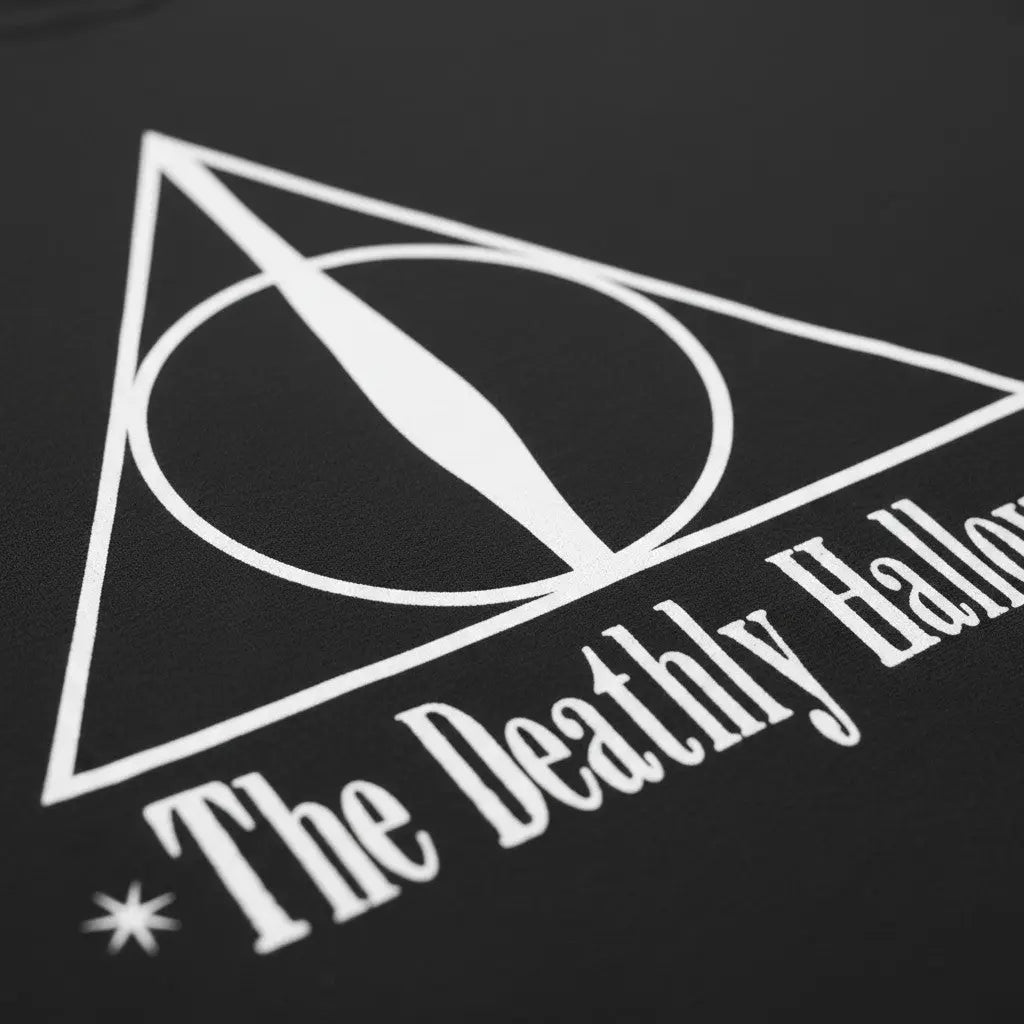 T-shirt noir La boutique Aux 2 Balais en coton avec le symbole des Reliques de la Mort et le texte "The Deathly Hallows" imprimés en blanc.