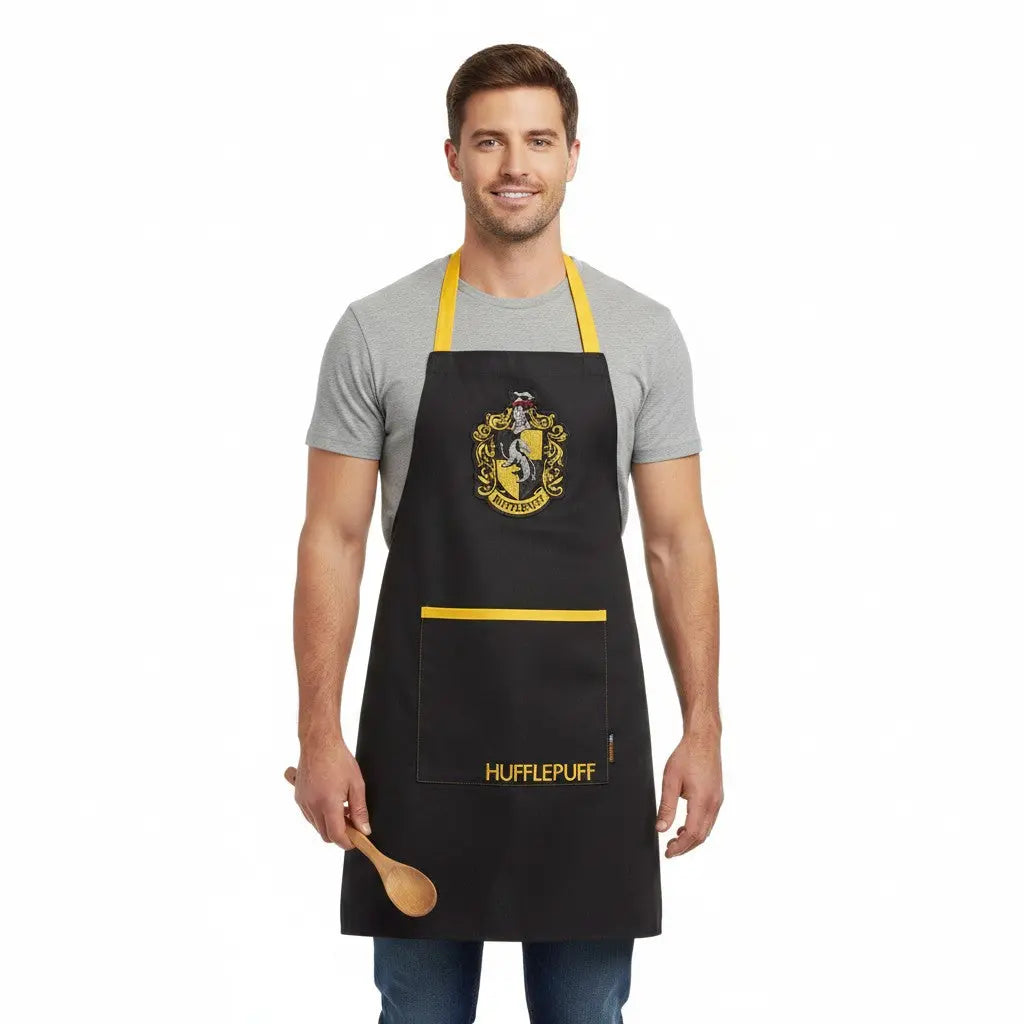 Tablier noir unisexe La boutique Aux 2 Balais, thème Poufsouffle Harry Potter, avec écusson et inscription Hufflepuff, poche frontale, rubans jaunes. 70x85cm.